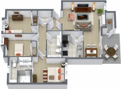 Floor plan for 3 beds, 2 baths, 1110 sqft